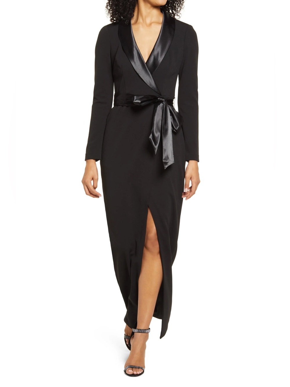 Eliza J Black Tuxedo Maxi Dress Satin Lapel Belted Gown Front Slit Size 10